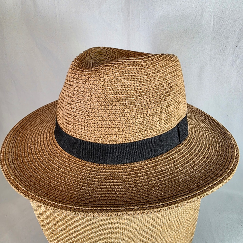 Solar Escape Tan Women's Fedora Straw Sun Hat Black Ribbon Band Boho Adjustable